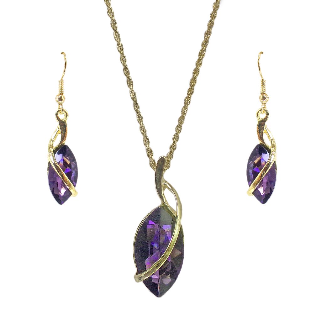 Purple Crystal Marquise Pendant Necklace And Earrings Set With A Gold Wrap 17$